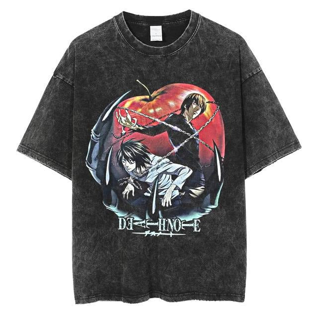 Mighty Lifestyle Washed Anime Death Note retro men's short-sleeved t-shirt summer anime peripheral printed loose t-shirt for men - Blerd Shirt Nerd Shirt