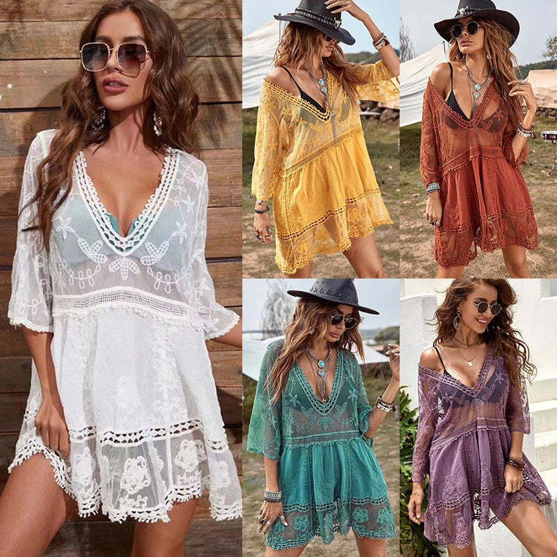 Mighty Lifestyle Beach Top With Lace Hook Flower Hollowed Out Sun Protection Bikini Swimsuit For Women's Outerwear