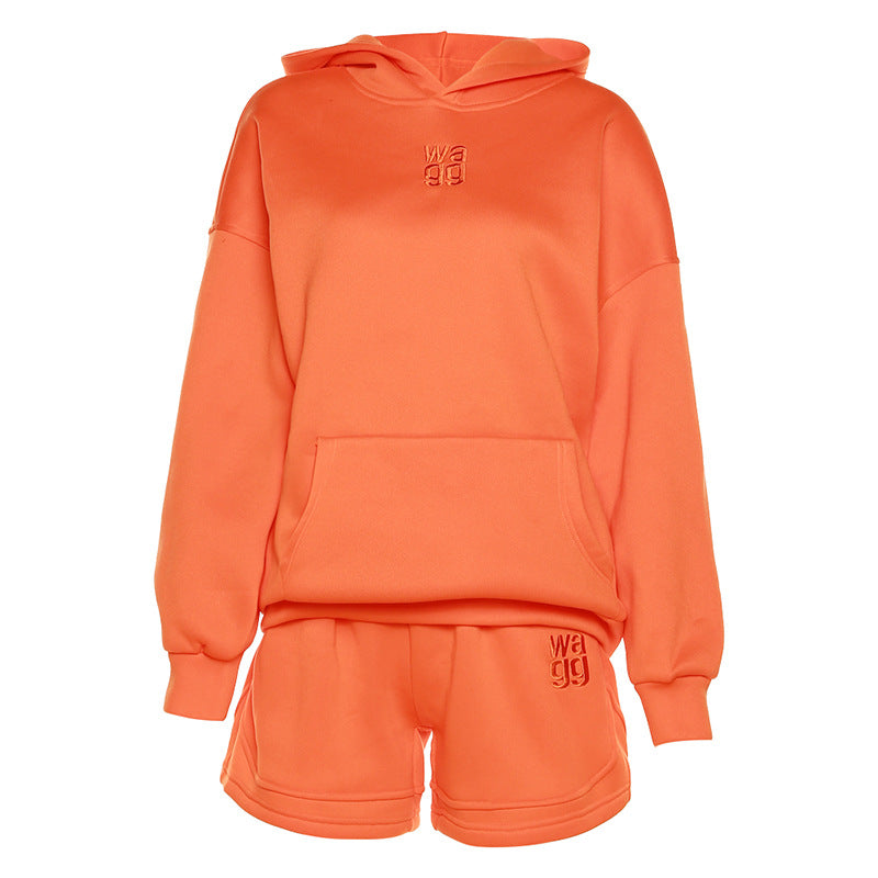 Arianna Outfit Set, Two Piece Set, Women's New Solid Embroidery Loose Sweater Drawstring Shorts Set