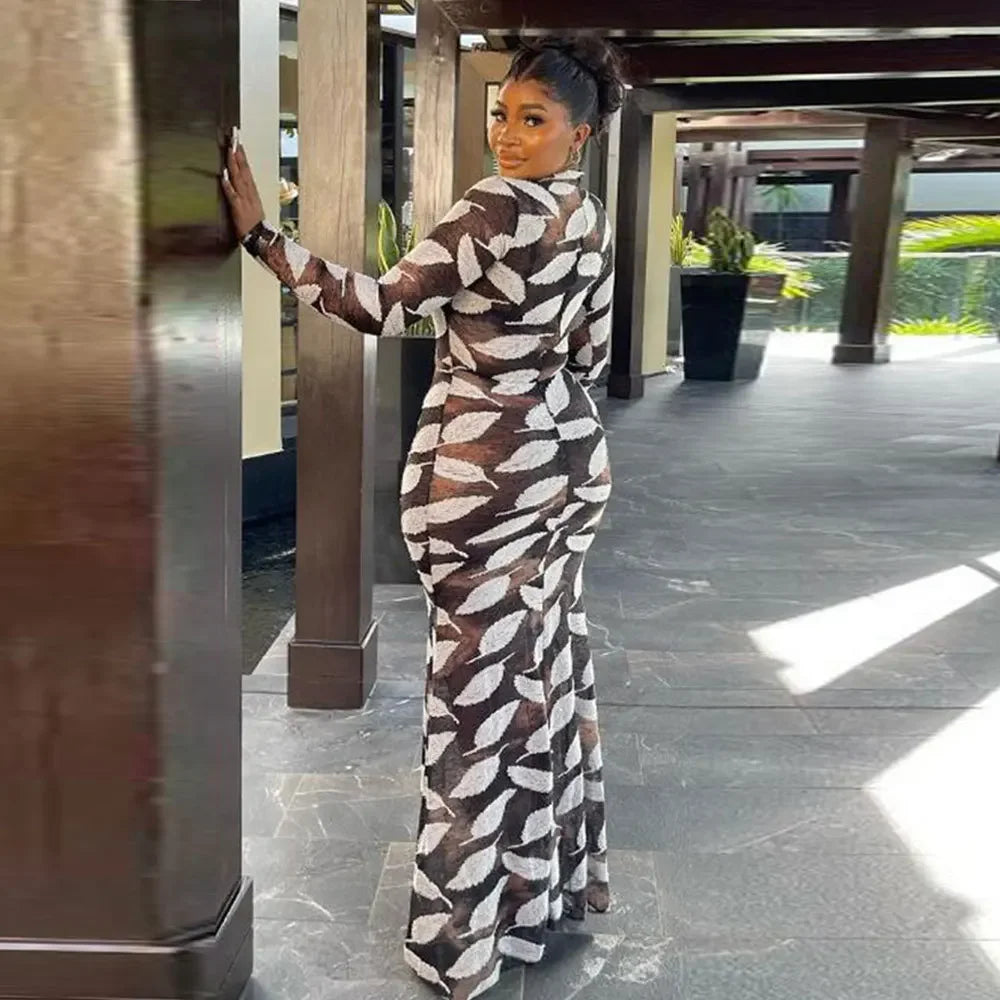 Lennox Leaf Print Long Sleeve Mermaid Dress for Women — Elegant Sexy Fall & Winter Maxi Dress | Long Sleeve Polyester & Cow Milk Silk Bodycon Dress