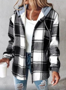 Wilhelmina Women’s Plaid Cropped Jacket with Hood – Autumn and Winter Button-Up Loose Fit Imitation Wool Coat, Streetwear Casual Outerwear | Women's large plaid style women's jacket plaid autumn and winter new style | Country Women’s Shirt