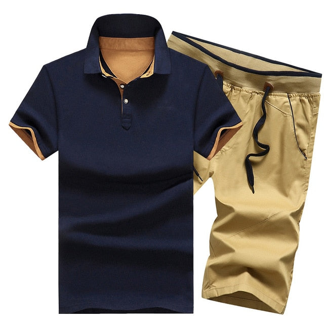 Mikael Men’s 2-Piece Cotton Polo Short Set – Casual Summer Outfit, Button-Up Shirt & Elastic Waist Shorts, Breathable Fashion Set for MenCotton Mens Sets Summer Button Polo Shirts Sets Turn Down Mens Shorts 4XL Men Clothes 2 Piece Set Elastic Waist Shorts