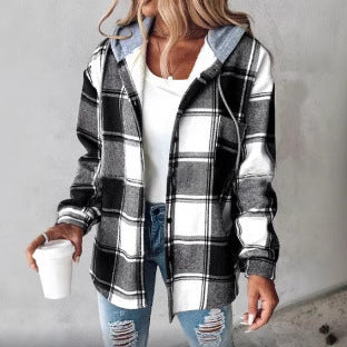 Wilhelmina Women’s Plaid Cropped Jacket with Hood – Autumn and Winter Button-Up Loose Fit Imitation Wool Coat, Streetwear Casual Outerwear | Women's large plaid style women's jacket plaid autumn and winter new style | Country Women’s Shirt