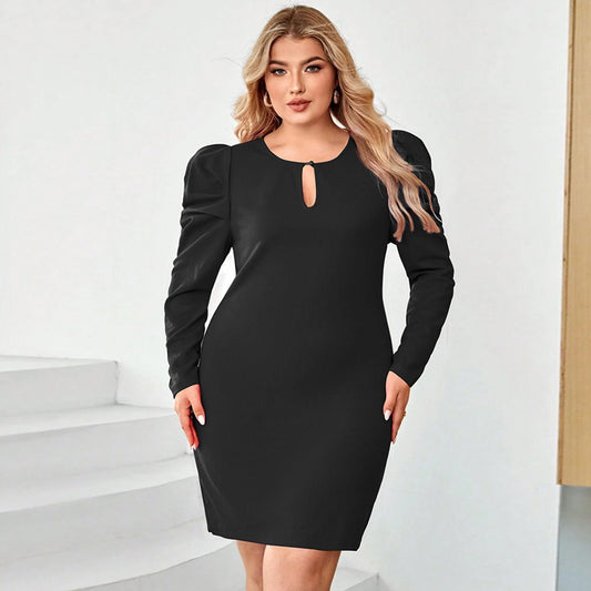 Henrietta Hollow Waist Wrap Hip Dress — Black Solid Knitted A-Line Short Skirt Dress for Women | Plus Size Fashion Dress with Hollow Out & Sheep Leg Sleeves