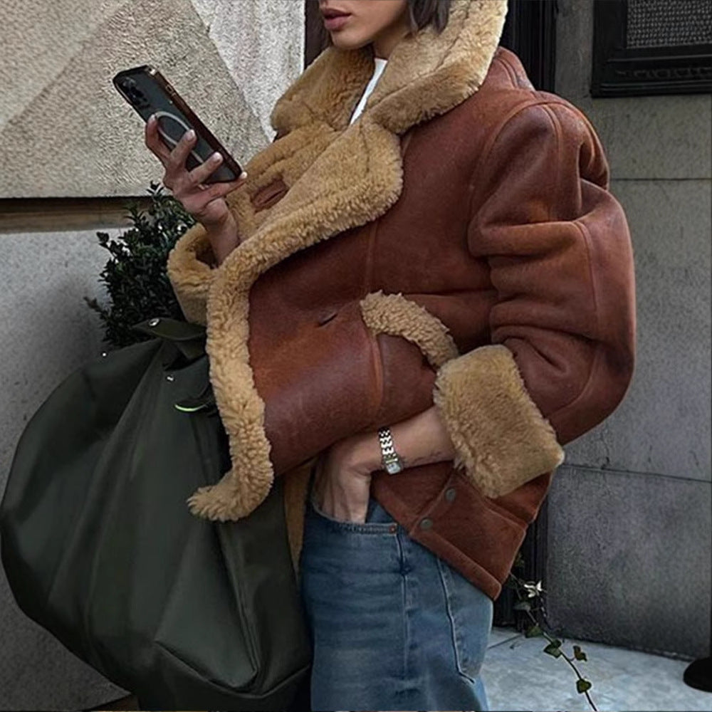 Women’s Shearling Fur Collar Jacket – Brown Faux Lamb Wool Coat for Fall & Winter, Loose Fit Button-Up Streetwear Outerwear | European and American collar long sleeved fur one-piece jacket, autumn and winter lamb wool loose and warm comfortable m jacket