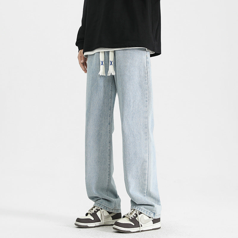 Sway Jeans Straight Leg Loose Fit Jeans for Men & Teens – Trendy Japanese Streetwear Cotton Denim Pants Trendy Straight Leg Jeans Loose Long Trousers Adult Male or Teenagers Rope Drawstring Jeans