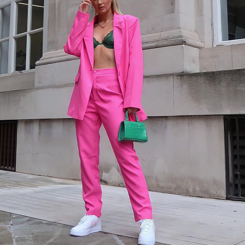 Jessamyn Suit | Solid Color Retro Long Sleeved Pants Suit Small Suit Temperament Commuter V-Neck Suit