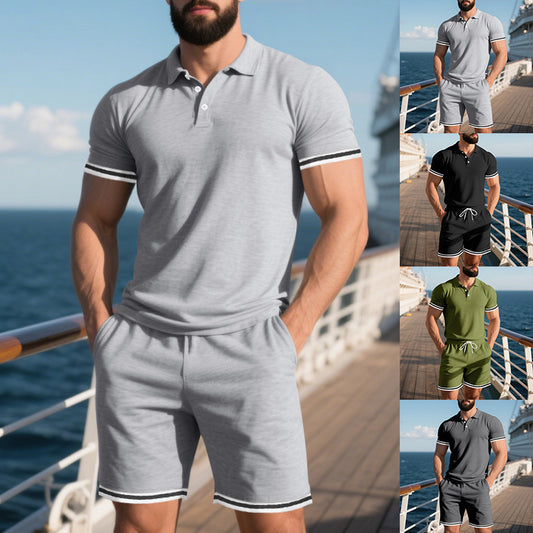 Sleeves and shorts two-piece set, lapel buckle sports and leisure suit for men