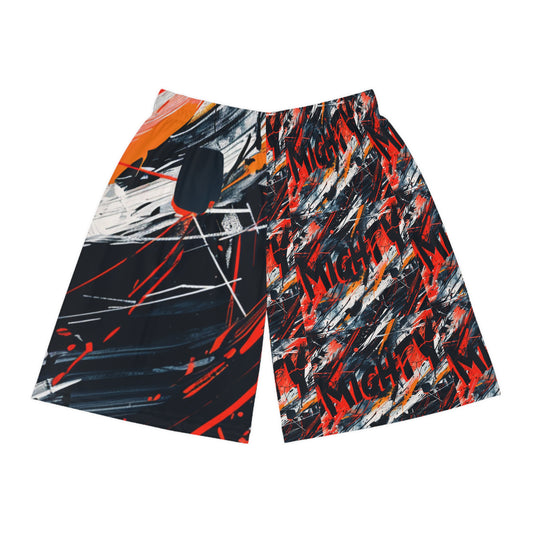 Abstract Reds Graffiti Basketball Shorts — 'Mighty' Long Gym Shorts, Sports Shorts