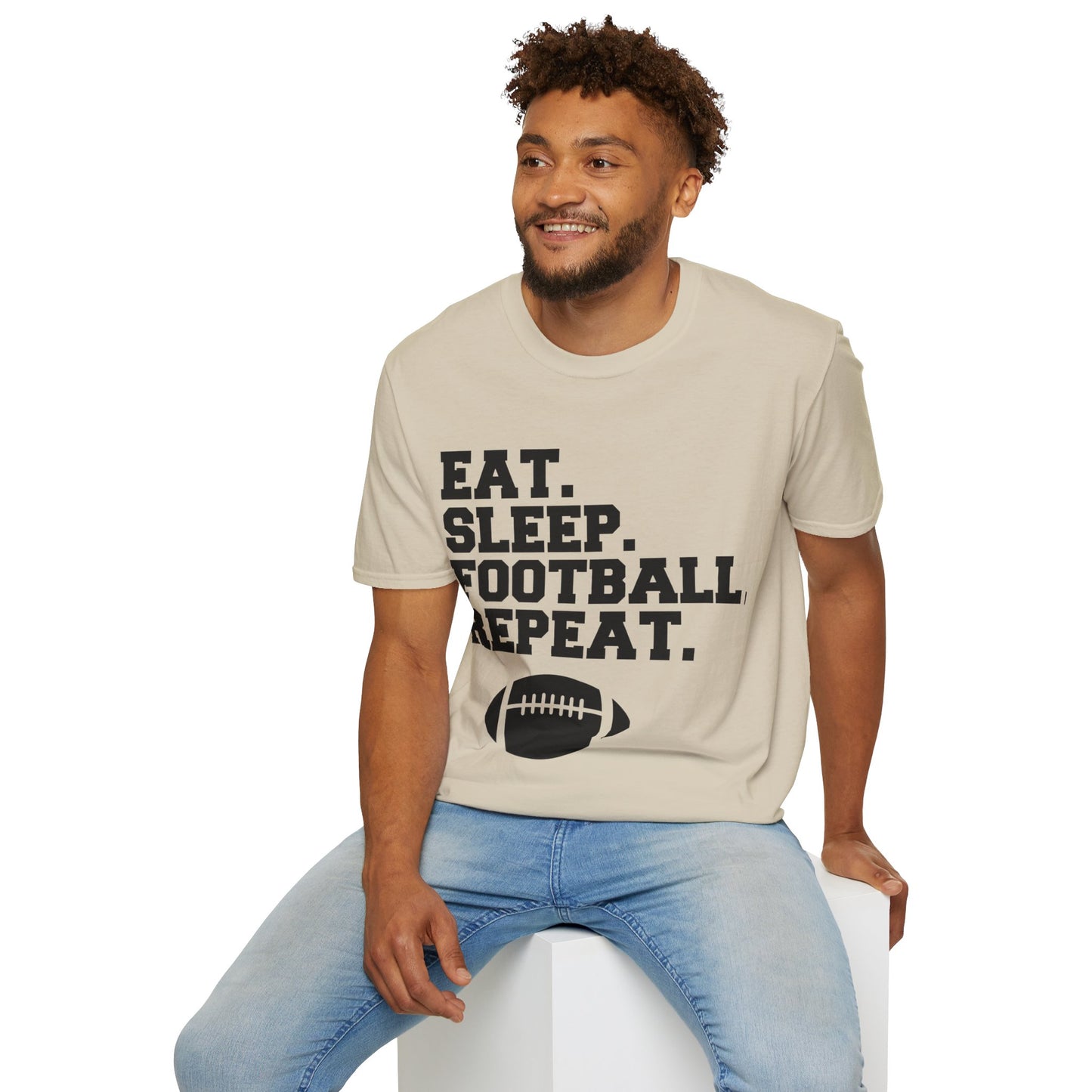 Eat Sleep Football Repeat Football Shirt | Tackle and Flag Football Shirt | Sports Shirt | Football Player Shirt | Mighty Lifestyle | Softstyle T-Shirt