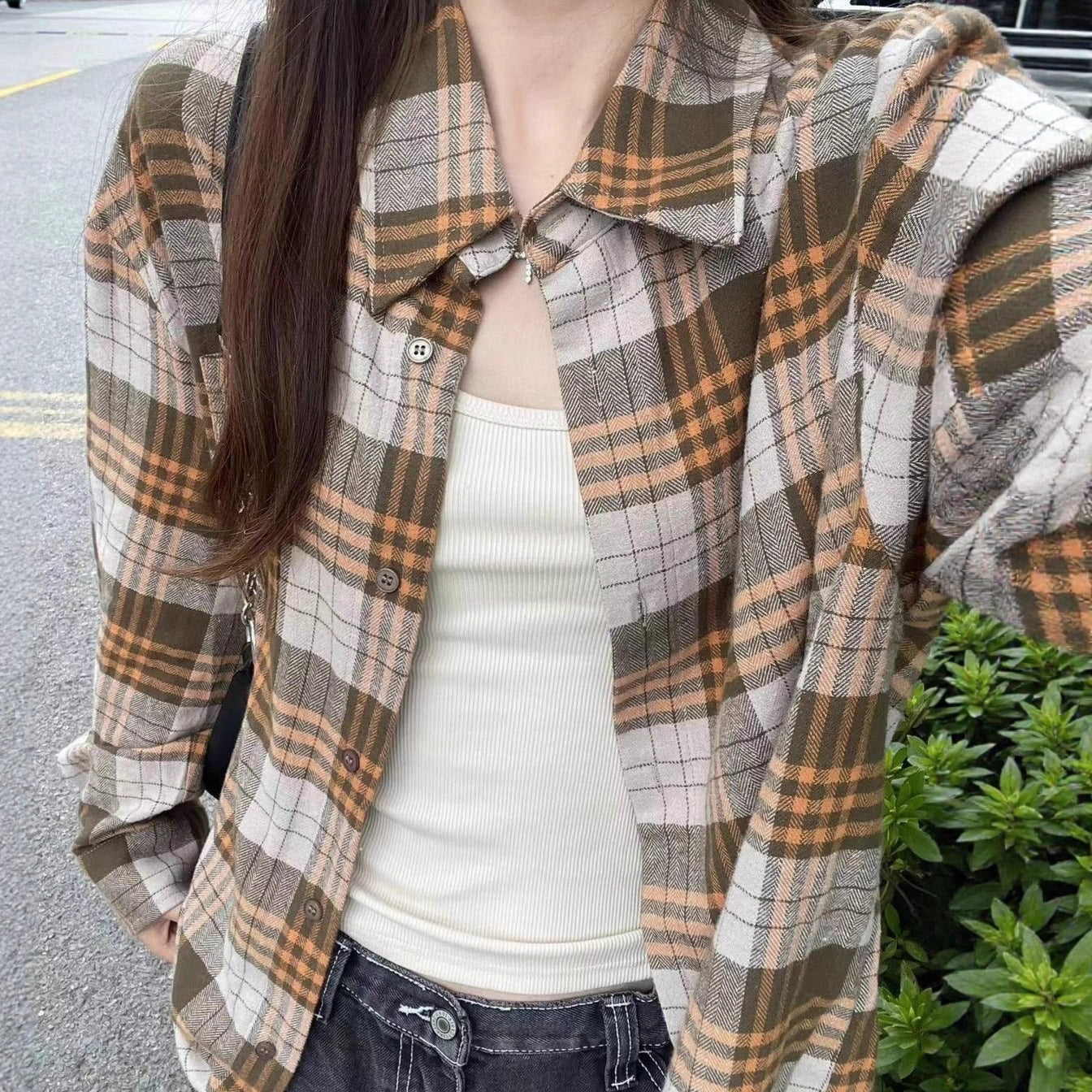 Women’s Plaid Button Up Shacket – Casual Loose Fit Long Sleeve Polo Collar Fall Jacket | Khaki Plaid Cardigan Blouse Top for Layering | Cozy Fall Outfit