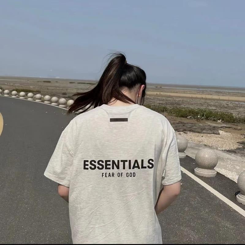 FOG Double Thread ESSENTIALS Flocking Print T-Shirt – High Street Loose Fit Summer Tee for Couples | Boyfriend Style, Unisex Daily Wear |FOG Double Thread ESSENTIALS Fashion Flocking Print Couple Summer Loose Boyfriend Style Short Sleeve Tshirt