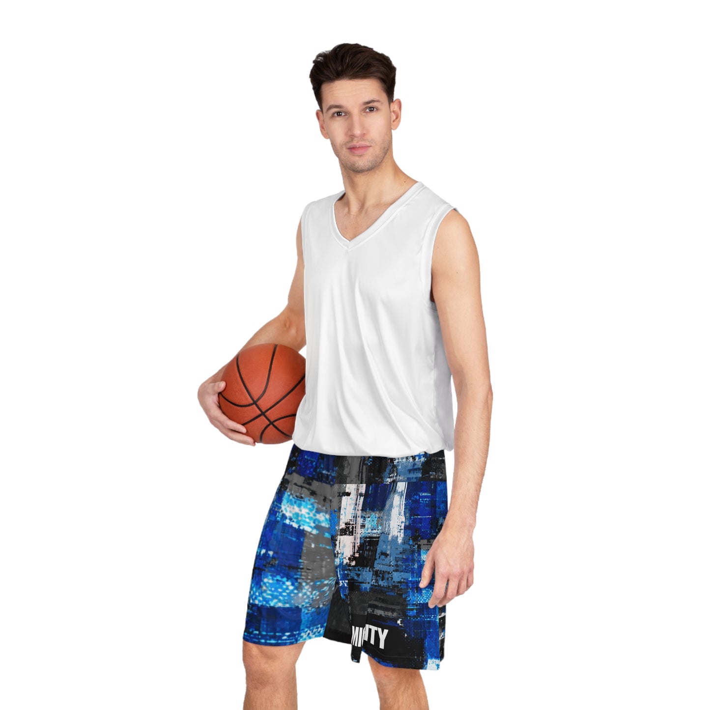 Mighty Blue and White Abstract Pattern Basketball Shorts — All-Over Print Athletic Shorts
