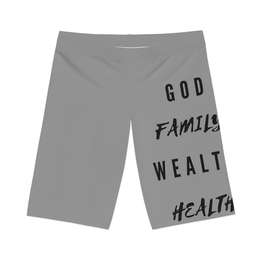 Mighty Lifestyle God Family Health Wealth | Mid Length Women's Bike Shorts | Casual Christian shorts, Christian lounge shorts, Christian summer shorts, faith based casual shorts, scripture printed casual shorts, trendy Christian shorts, everyday Christian