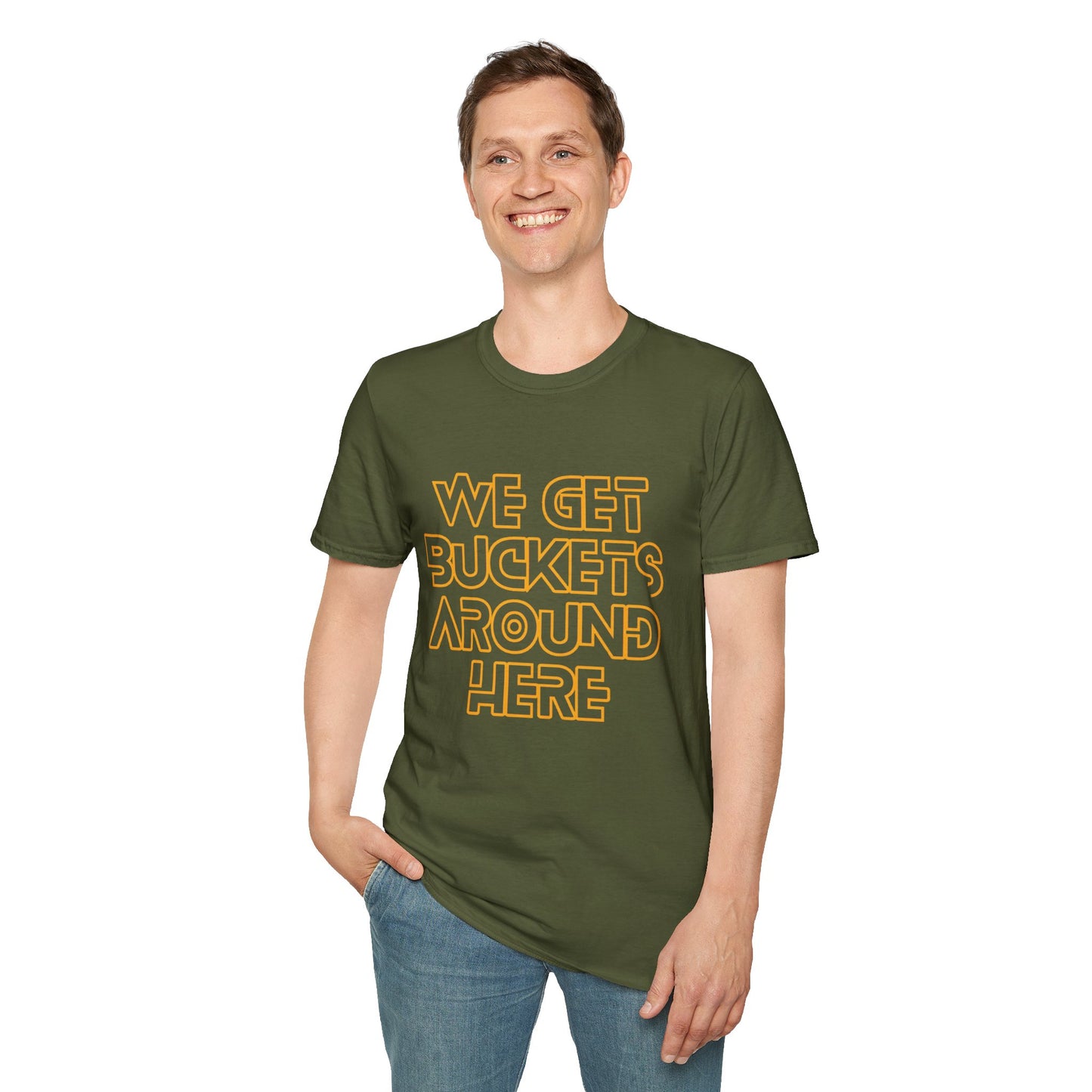 We Get Buckets Around Here | Get Buckets | Basketball Shirt | Unisex Basketball Shirt | Sports Shirt | Baller Shirt | Mighty Lifestyle | Softstyle T-Shirt