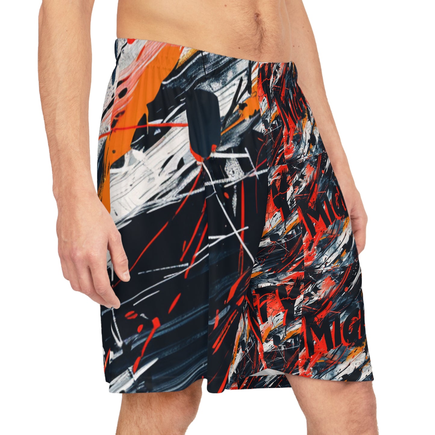 Abstract Reds Graffiti Basketball Shorts — 'Mighty' Long Gym Shorts, Sports Shorts
