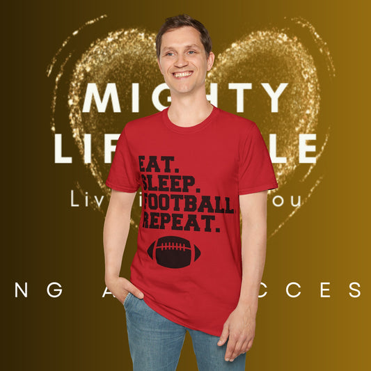 Eat Sleep Football Repeat Football Shirt | Tackle and Flag Football Shirt | Sports Shirt | Football Player Shirt | Mighty Lifestyle | Softstyle T-Shirt