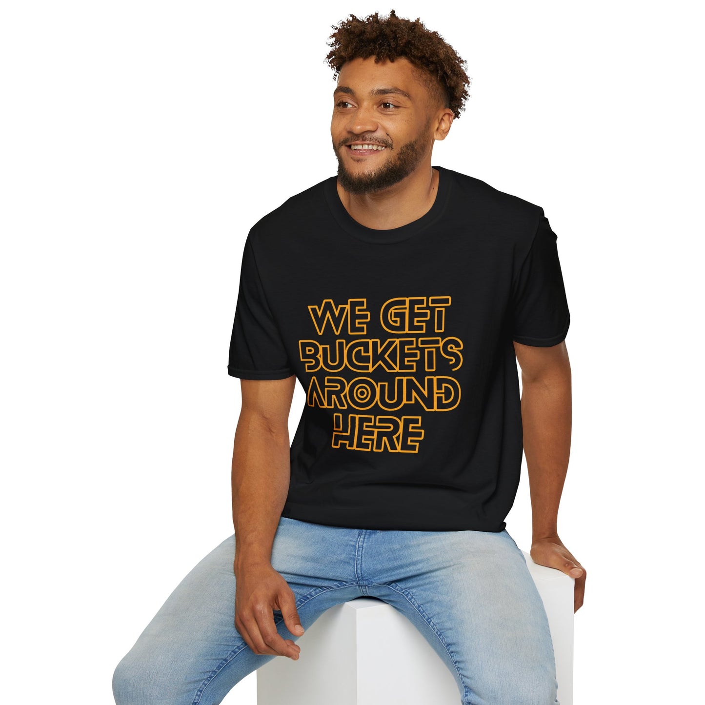 We Get Buckets Around Here | Get Buckets | Basketball Shirt | Unisex Basketball Shirt | Sports Shirt | Baller Shirt | Mighty Lifestyle | Softstyle T-Shirt