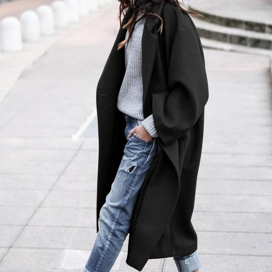 Autumn and winter women's casual long solid color warm woolen jacket