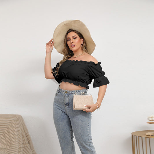 Gemma Black Minimalist High Quality Off-shoulder Cropped Top With Short Puff Sleeve