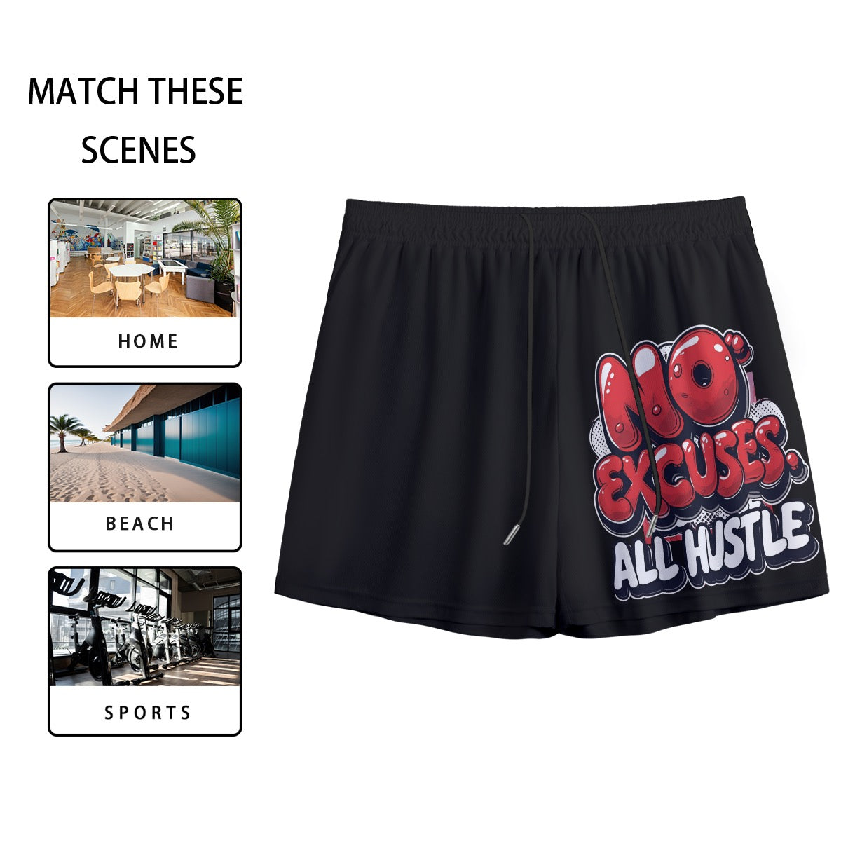 No Excuses All Hustle Men's Mesh Shorts | No Excuses All Hustle Mesh Shorts – Motivational Men’s Athletic Shorts for Basketball, Rugby, Lacrosse, Tennis & Gym Training