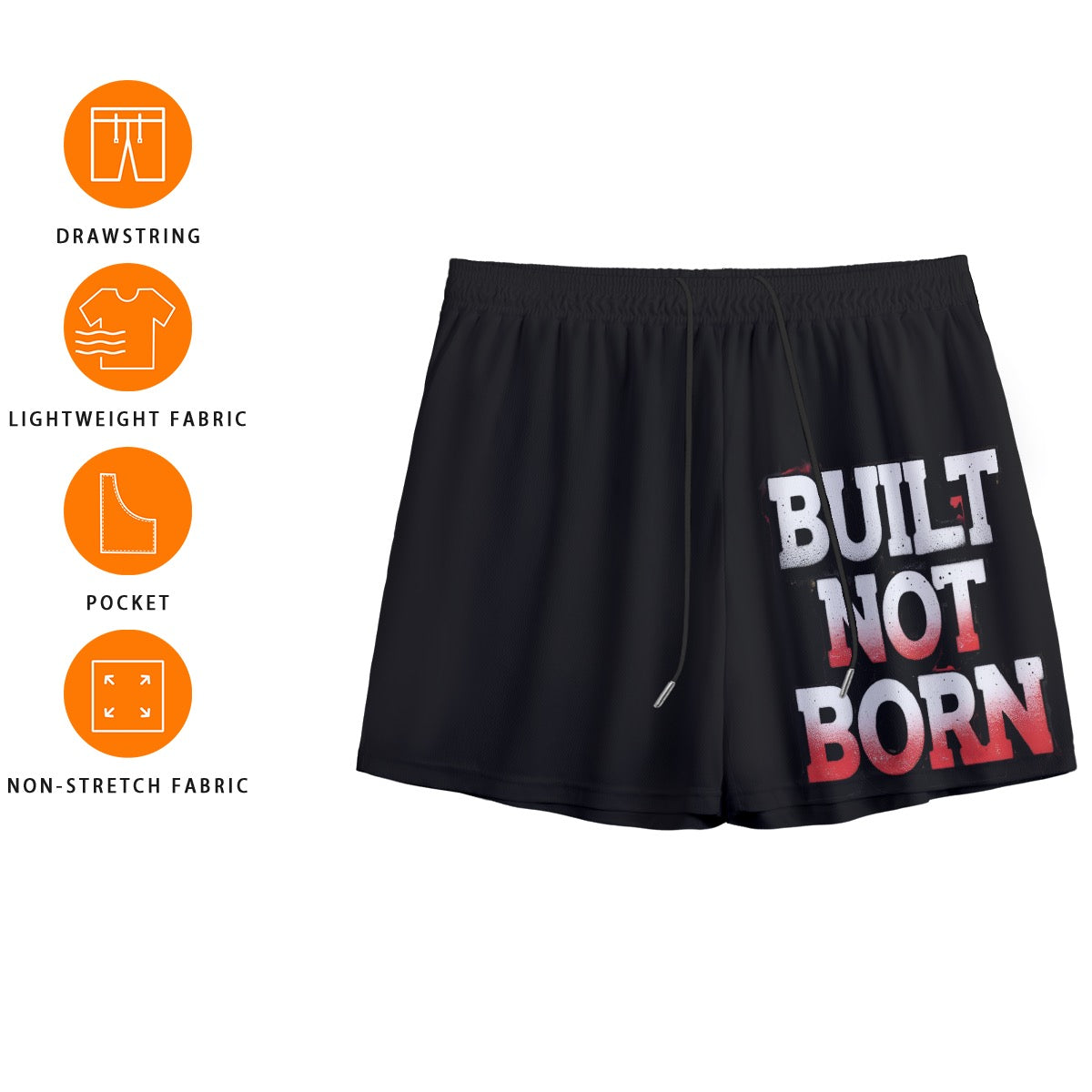 Built Not Born Mesh Shorts | Built Not Born Mesh Shorts – Motivational Black Athletic Shorts for Men & Teens | Red Spray Graffiti Print
