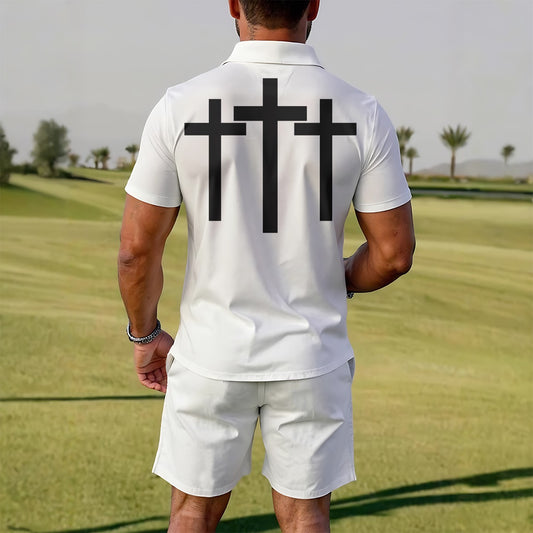 Faith-Based Three Crosses Men’s Cheistian Polo Sportswear Set – Christian Men’s Activewear for Golf, Casual, and Everyday Wear | ML Triple Cross Christian Polo and Shorts | Inspirational Faith Apparel ML Faith Based Conservative Triple Cross Men Yeshua