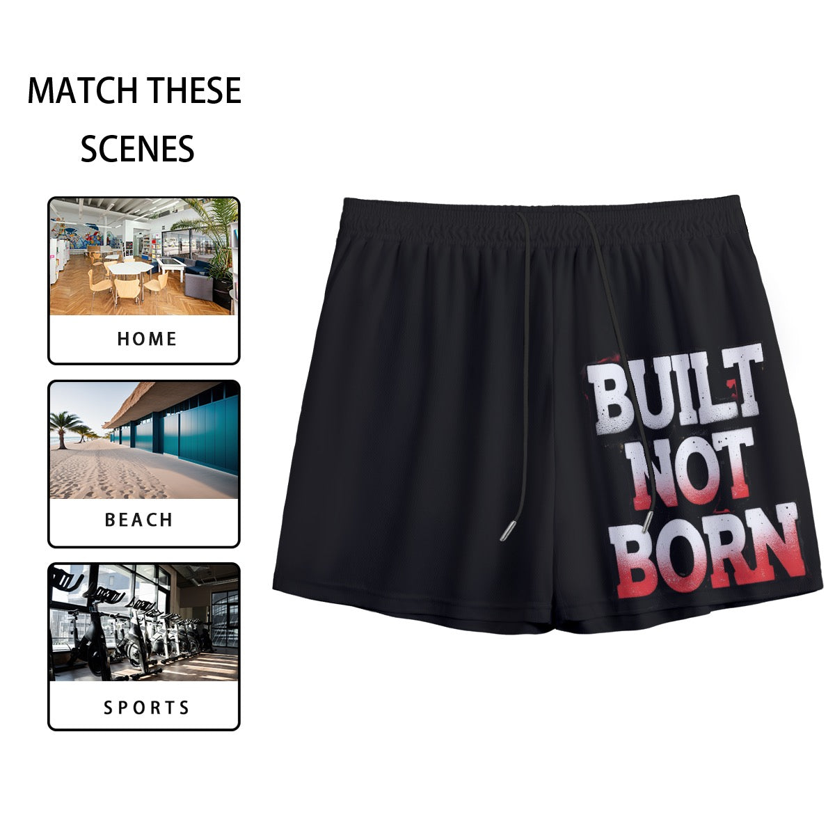 Built Not Born Mesh Shorts | Built Not Born Mesh Shorts – Motivational Black Athletic Shorts for Men & Teens | Red Spray Graffiti Print