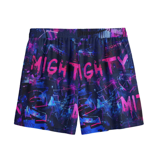 Purple Abstract Basketball Shorts with “Mighty” Print – Breathable Mesh Gym Shorts with Elastic Waist, Unisex Athletic Streetwear, Sports Shorts