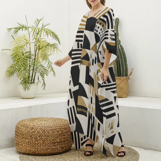 Kemet Geometry Muumuu Abaya – Women’s Luxury Moo Moo Kaftan Dress, Silky V-Neck Lounge & Beach Maxi Imitation Silk V-neck Kaftan Robe