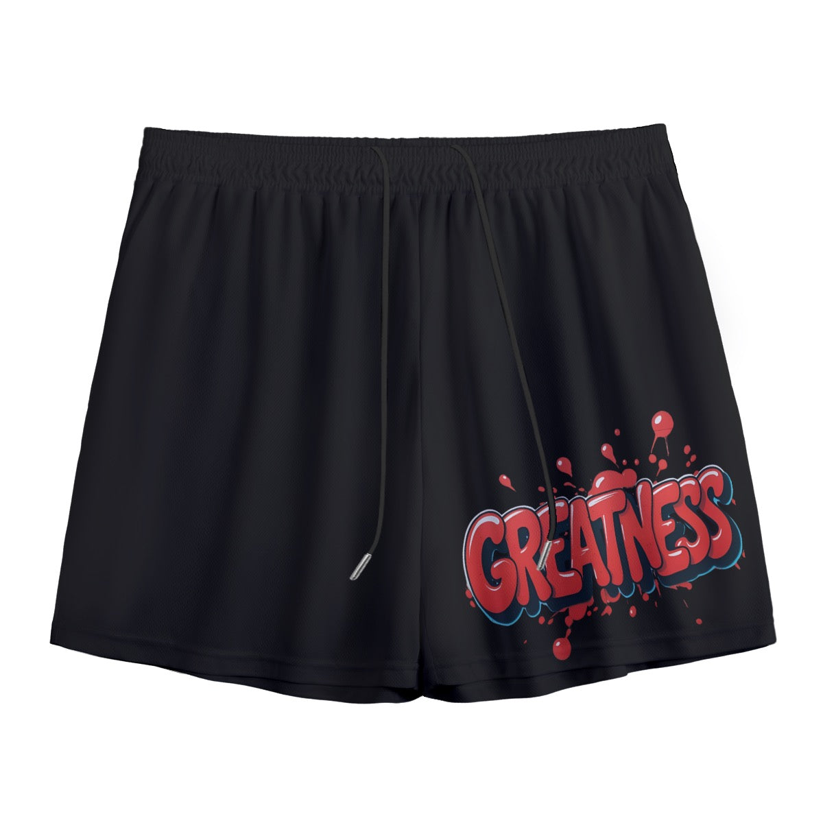 Greatness Mesh Shorts | Greatness Mesh Shorts – Black Athletic Shorts for Adult males & Teens | Bold Streetwear with Red Splash Print