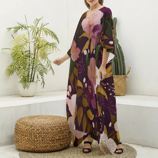 Moonlit Bloom Moo Moo Kaftan Dress – Women’s Luxury Flow Lounge Dress for Effortless Comfort & Resort Cover Up, Oversized Sleepwear