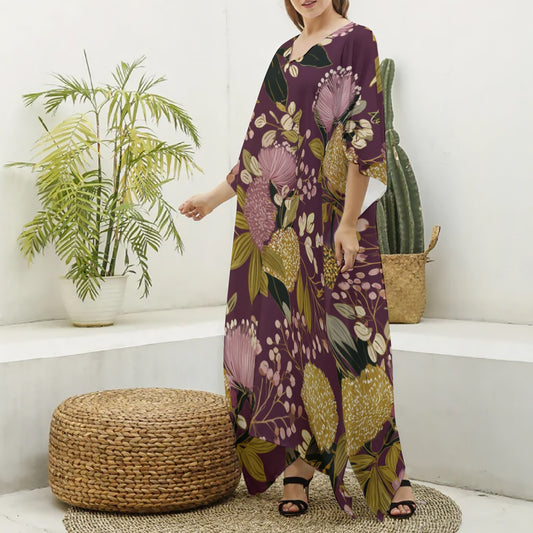 Velvet Dusk Moo Moo Kaftan Dress – Women’s Luxury Flow Lounge Dress for Effortless Comfort & Soft Seduction | MuuMuu Dress Women's Imitation Silk V-neck Kaftan Robe