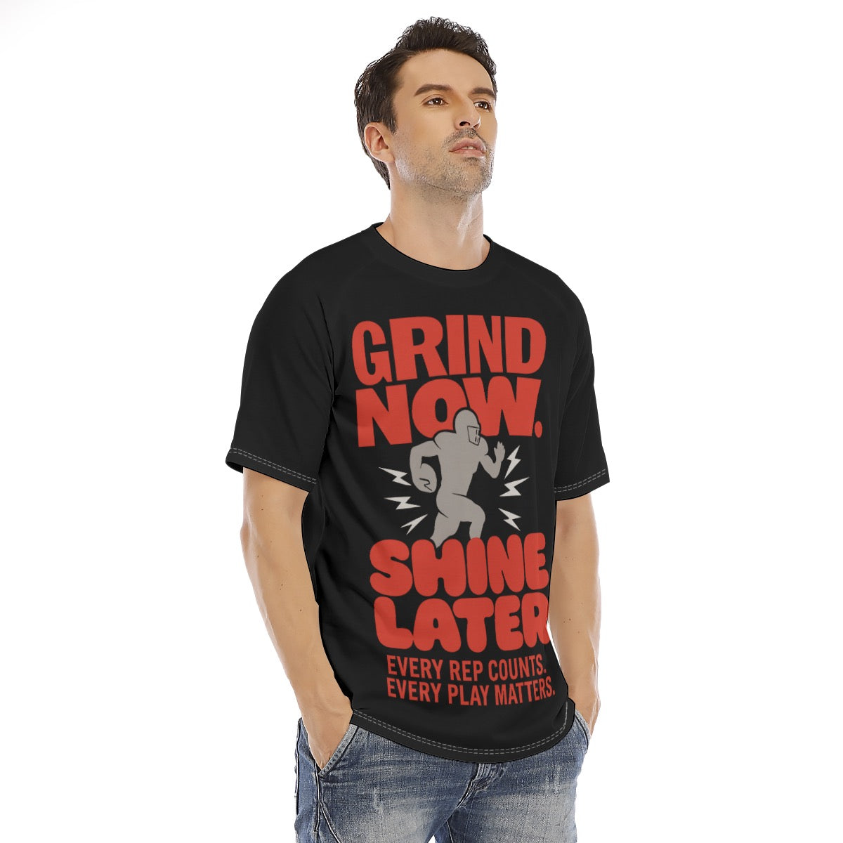 Grind Now Shine Later Every Rep Counts Every Play Matters Short Sleeve T-shirt | Grind Now Shine Later Athletic Training TShirt – Every Rep Counts Every Play Matters Football & Rugby Tee