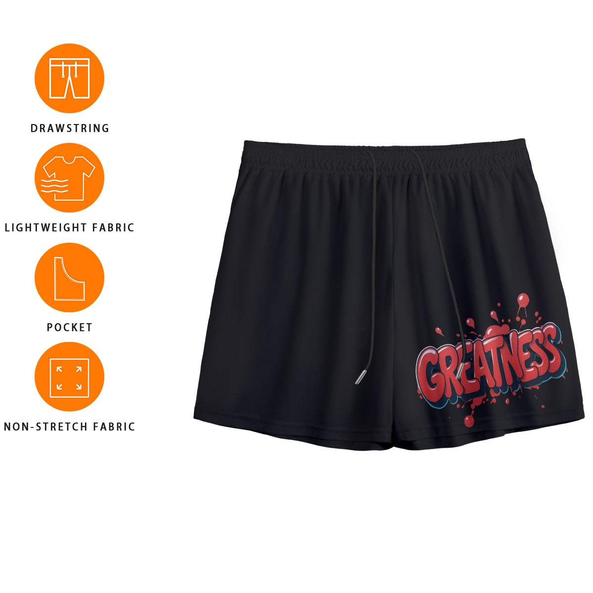 Greatness Mesh Shorts | Greatness Mesh Shorts – Black Athletic Shorts for Adult males & Teens | Bold Streetwear with Red Splash Print