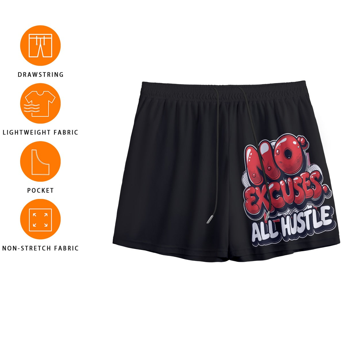 No Excuses All Hustle Men's Mesh Shorts | No Excuses All Hustle Mesh Shorts – Motivational Men’s Athletic Shorts for Basketball, Rugby, Lacrosse, Tennis & Gym Training