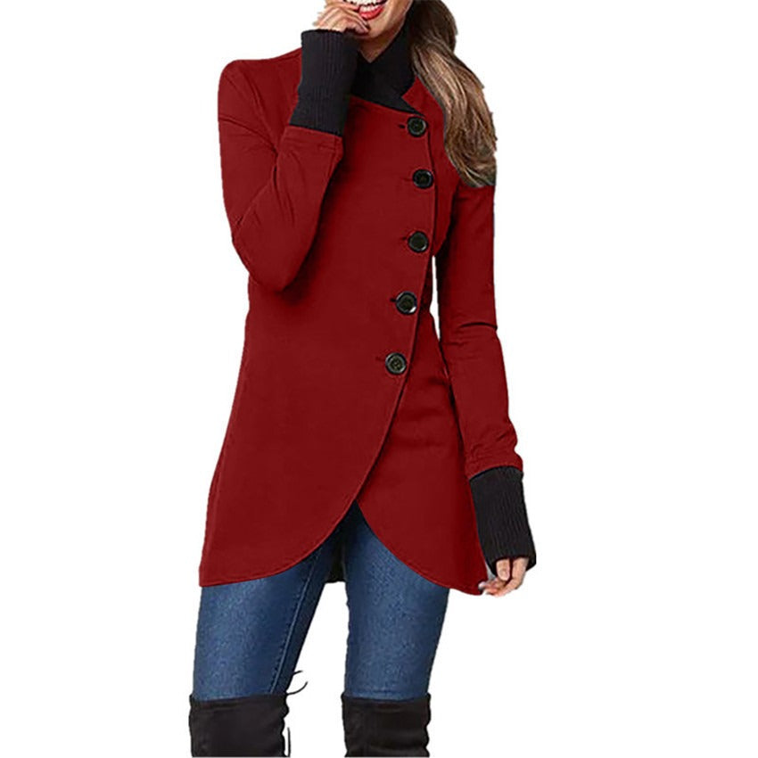 Women’s Sweater Long Solid color single breasted patchwork hem split long sleeved jacket