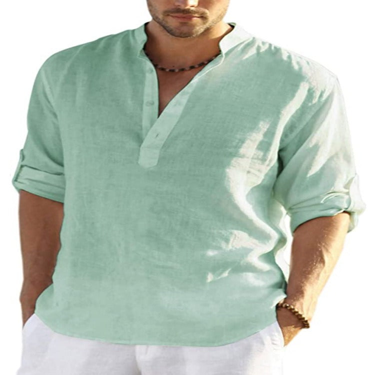 Omega Men Top Linen Shirt | Long Sleeved T Shirt Loose Sweatshirt Solid Color Long Sleeved Cotton Linen Shirt Mens Large