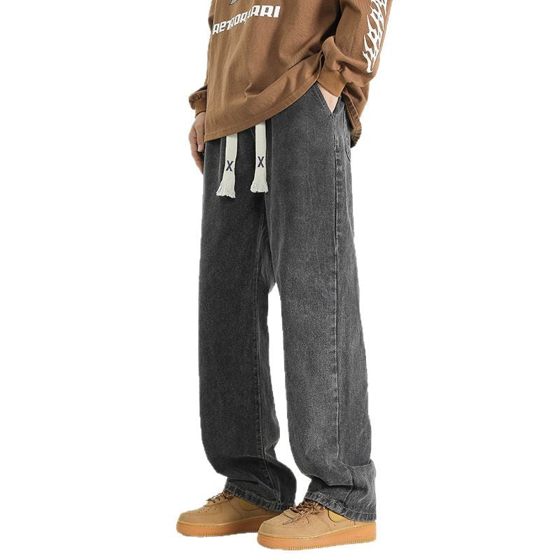 Sway Jeans Straight Leg Loose Fit Jeans for Men & Teens – Trendy Japanese Streetwear Cotton Denim Pants Trendy Straight Leg Jeans Loose Long Trousers Adult Male or Teenagers Rope Drawstring Jeans