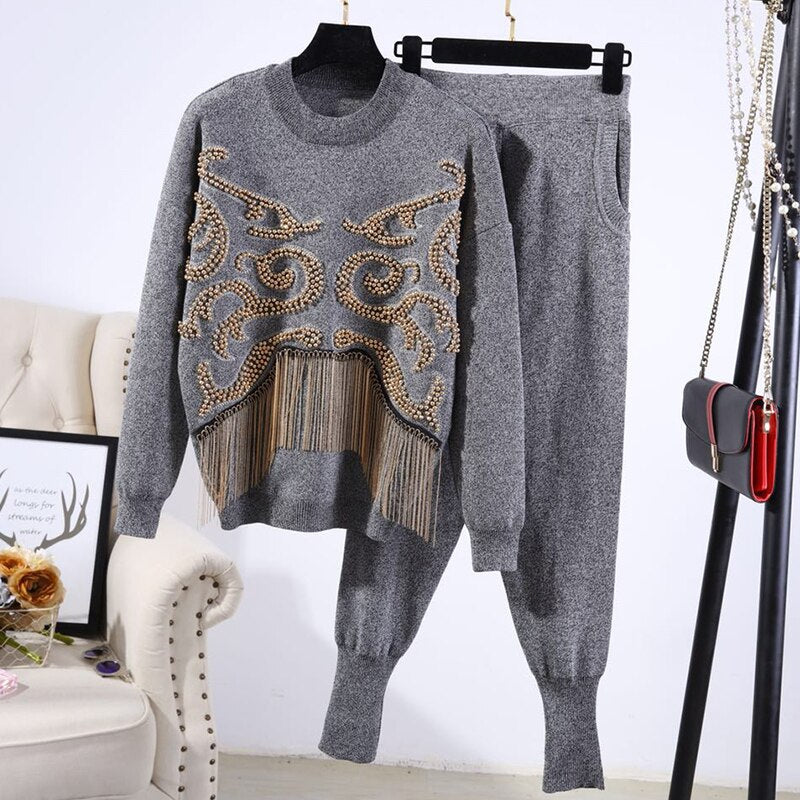 ML Knitting Outfits Women Handwork Beading Chain Tassel Sweater Long Pants Two Piece Set Female Loose Casual Black Knitted Suit 2pc