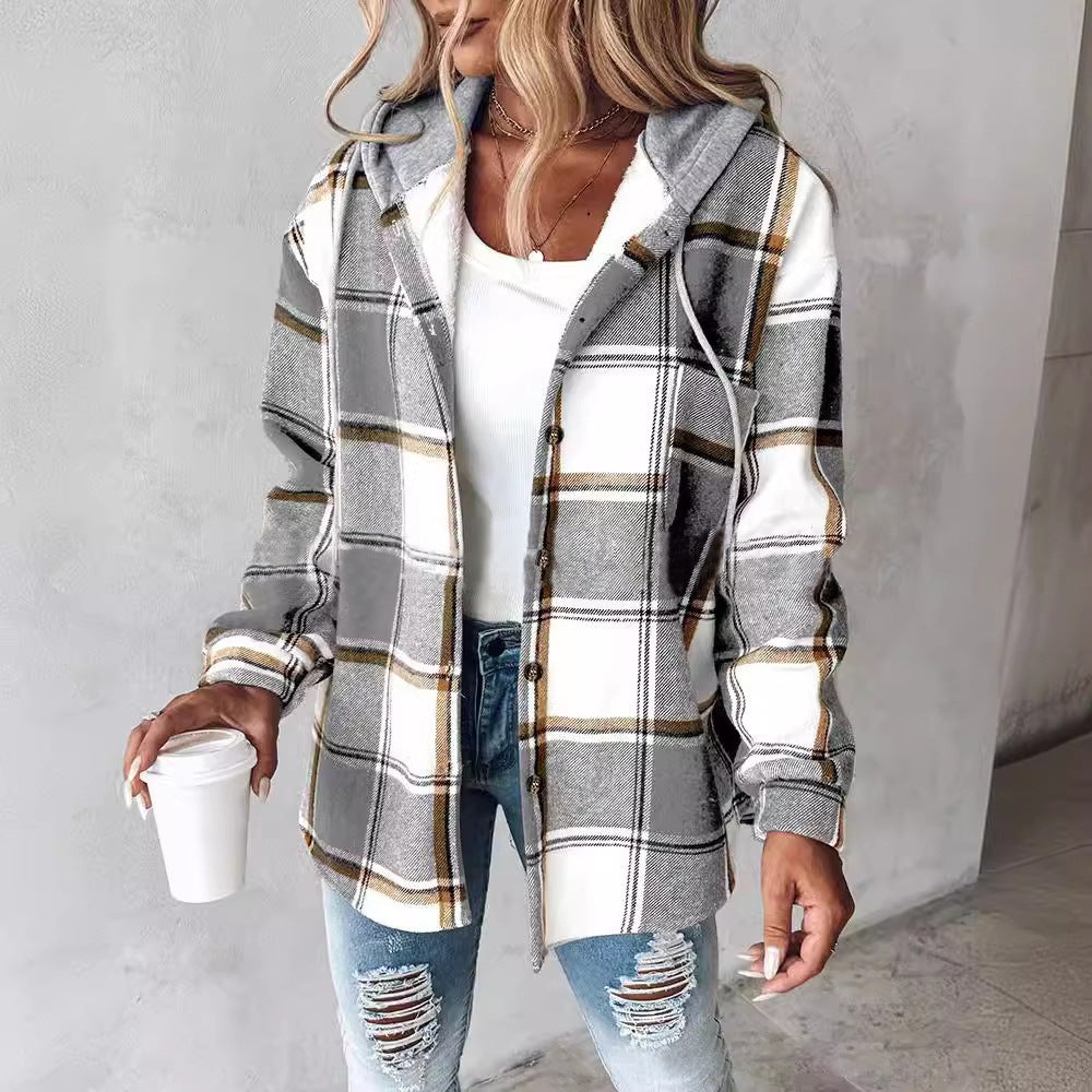 Wilhelmina Women’s Plaid Cropped Jacket with Hood – Autumn and Winter Button-Up Loose Fit Imitation Wool Coat, Streetwear Casual Outerwear | Women's large plaid style women's jacket plaid autumn and winter new style | Country Women’s Shirt