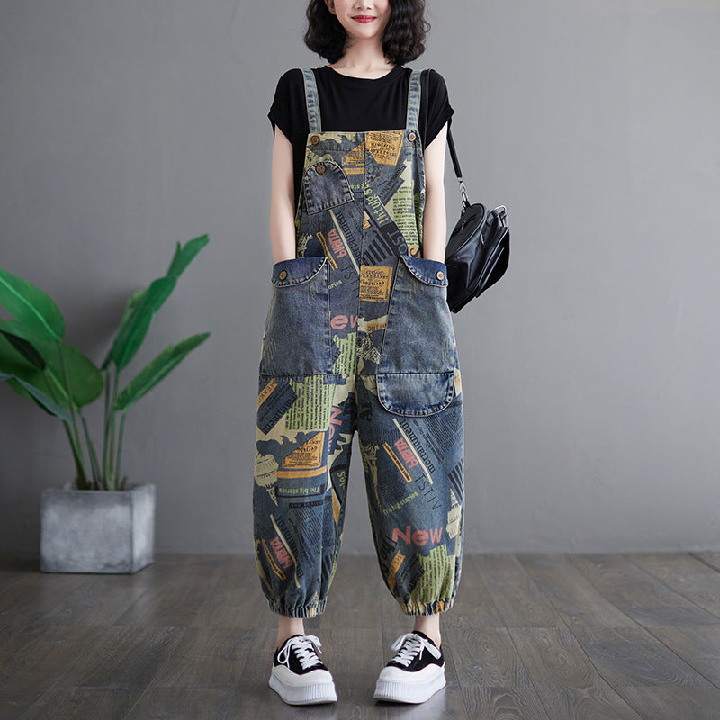 Women’s Retro Printed Denim Overalls – Artistic Loose Fit Jumpsuit, Vintage High Waist Wide Leg Pants, Korean Streetwear Casual One-Piece Fashion | Artistic retro printed denim overalls for women fashionable ankle binding one-piece overalls
