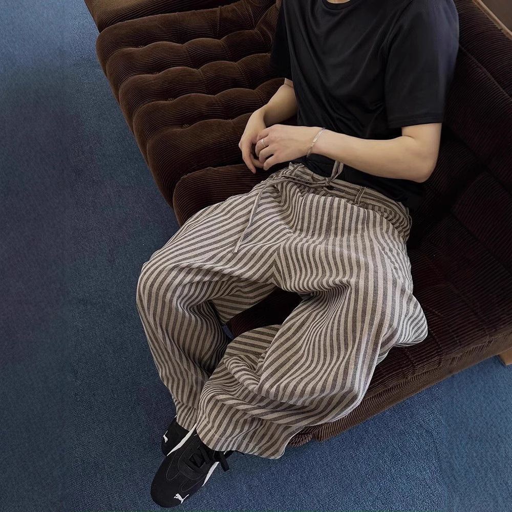 Spring and autumn laid-back, relaxed, loose vertical striped, versatile casual straight-leg pants, floor-length pants for men