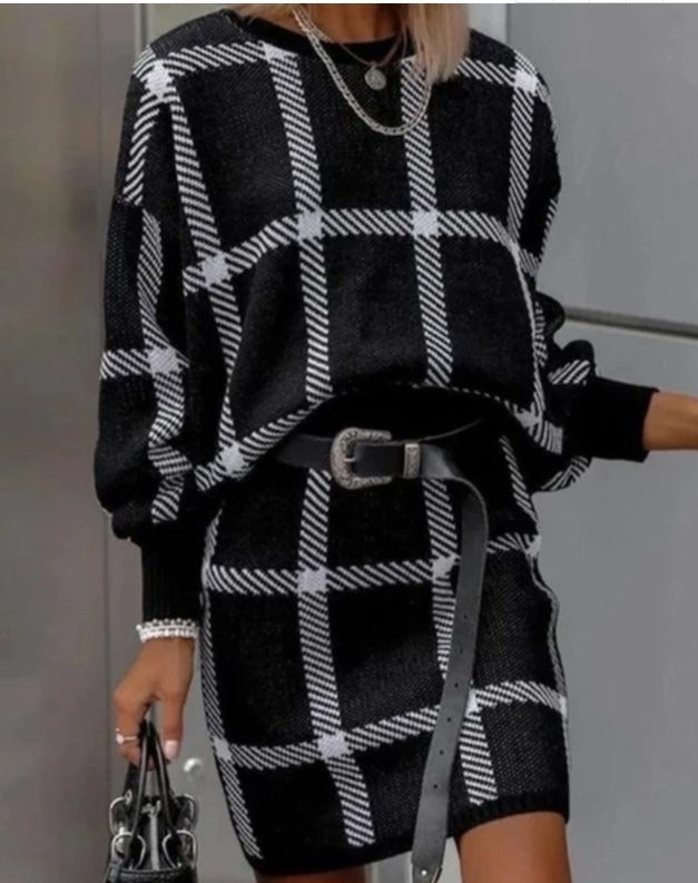Pixie Set | Plaid Trendy Skirt Set | Round necked plaid pullover long sleeved woolen short skirt set of two pieces