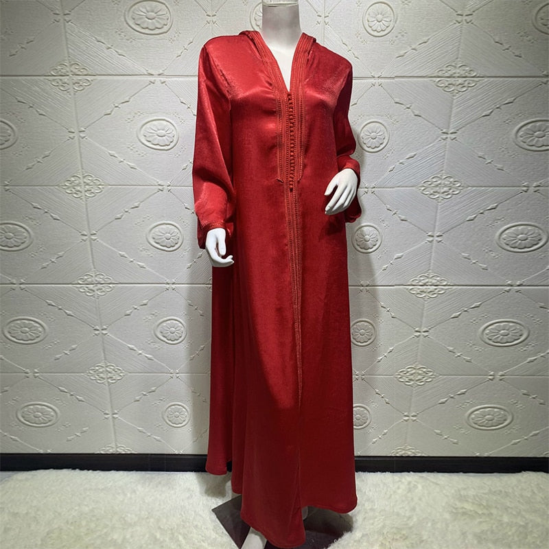 Moo Moo Dress Abaya Jalabiya Hooded Maxi Dress Long Sleeve Islam Muslim Women Robe Champagne White Green