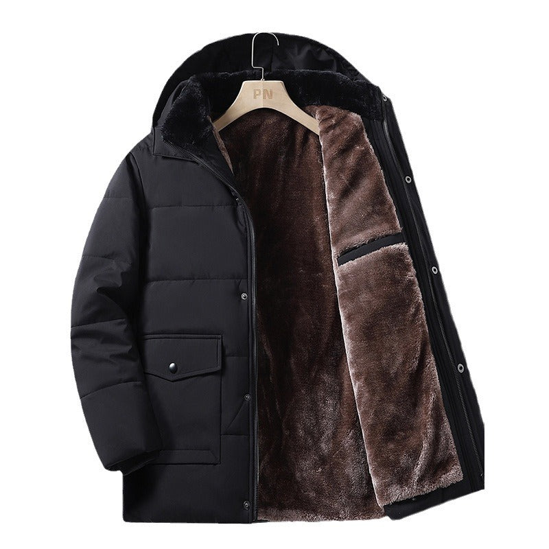 Curry Coat Men’s Winter Velvet-Lined Coat – Thick Warm Hooded Jacket with Cotton Filling, Windproof Mid-Lengmen's winter new style with added velvet and thickened warm cotton clothing, business and leisure mid length hooded plus size men's cotton clothing
