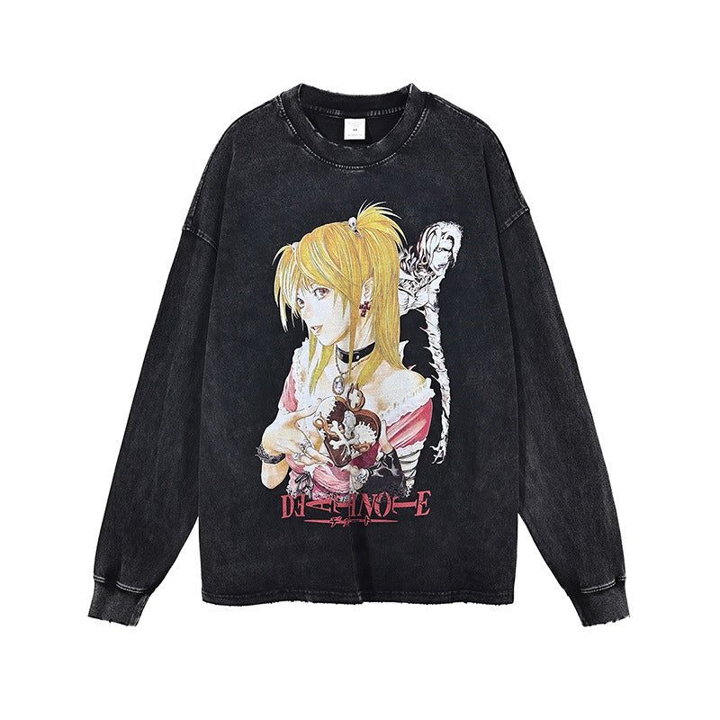 Death Note Digital Printed Long sleeved Retro Trendy Brand Dark Wash Wax Dyed Old T-shirt Anime