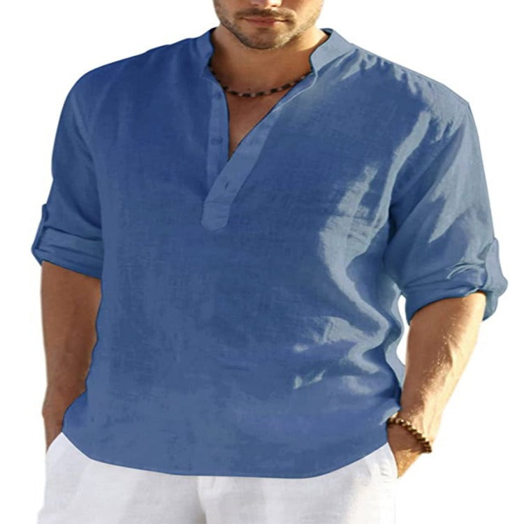 Omega Men Top Linen Shirt | Long Sleeved T Shirt Loose Sweatshirt Solid Color Long Sleeved Cotton Linen Shirt Mens Large