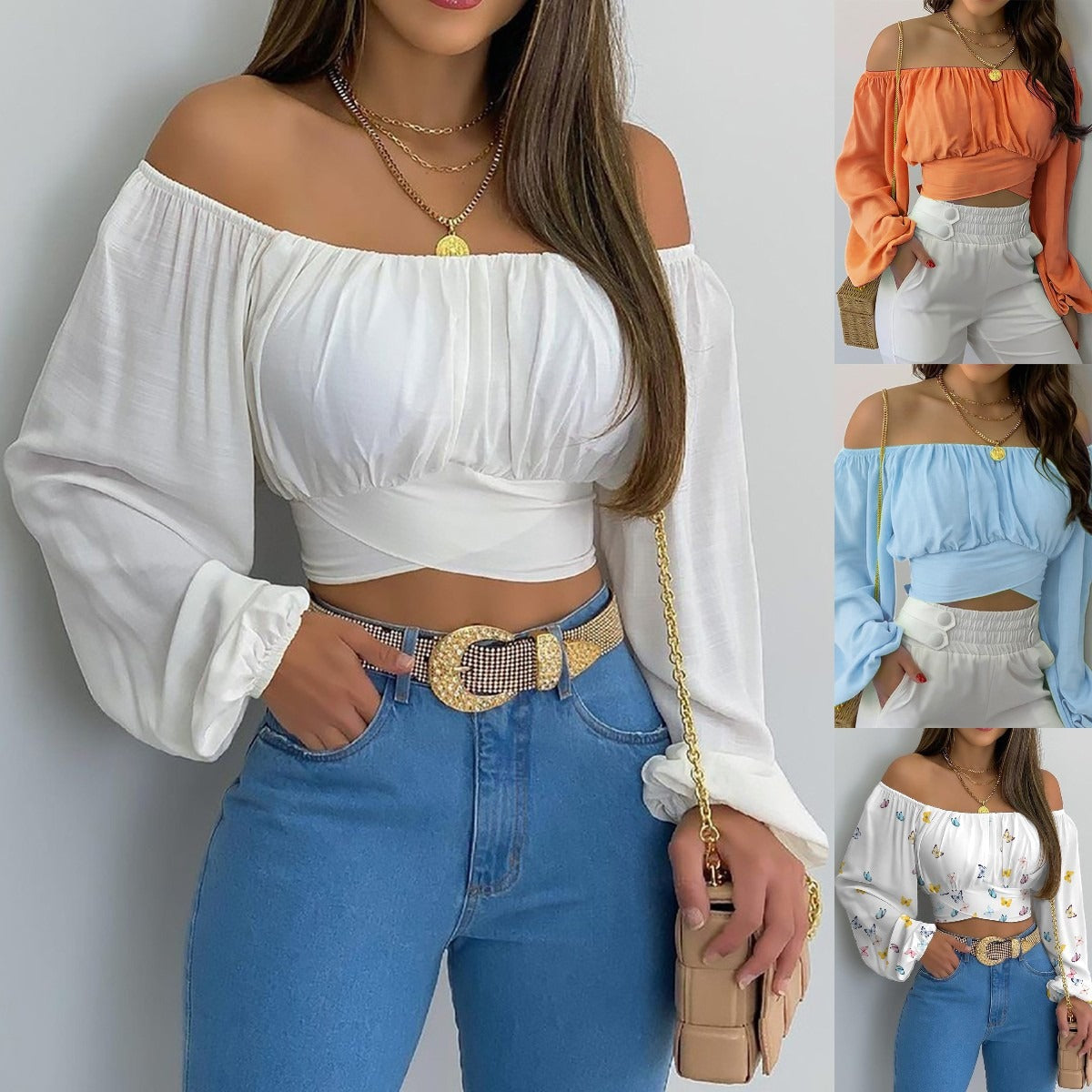 Hillary Heaux Top — Sexy Off-Shoulder Cross Tie Long Sleeve Top for Women | Hot Selling Vacation and Cruise Pullover Blouse | Lantern Sleeve Slim Fit | Europe, America & Caribbean Style