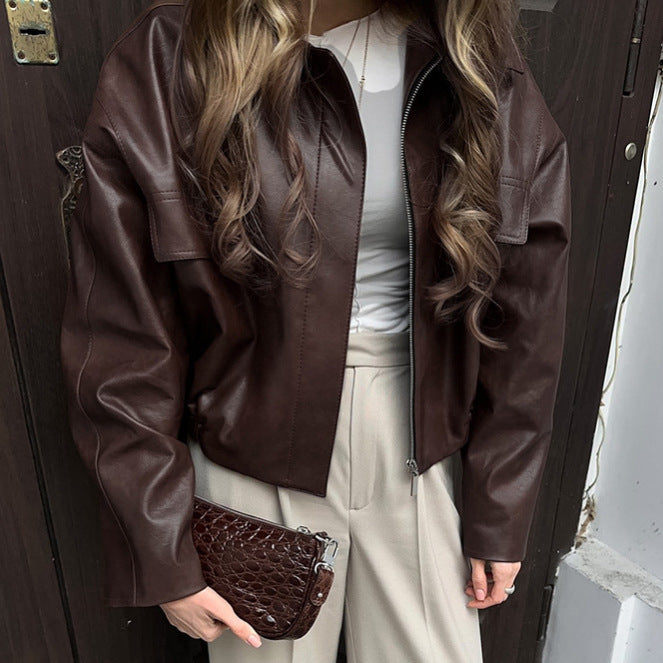 Versatile loose short pilot retro motorcycle style leather jacket for women